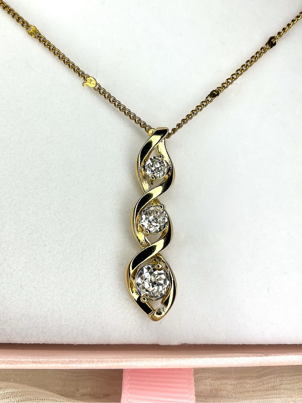 Gold Three-Stone Cz Diamond Swirl Pendant Necklace